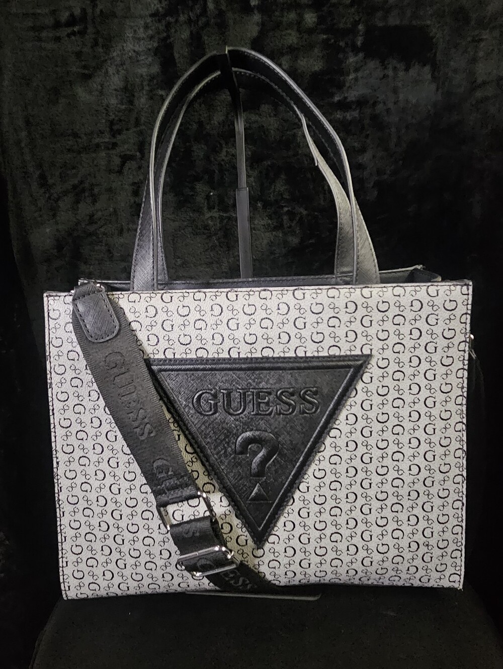 GUESS Panya Convertible Monogram Tote Crossbody Satchel Bag Black Grey